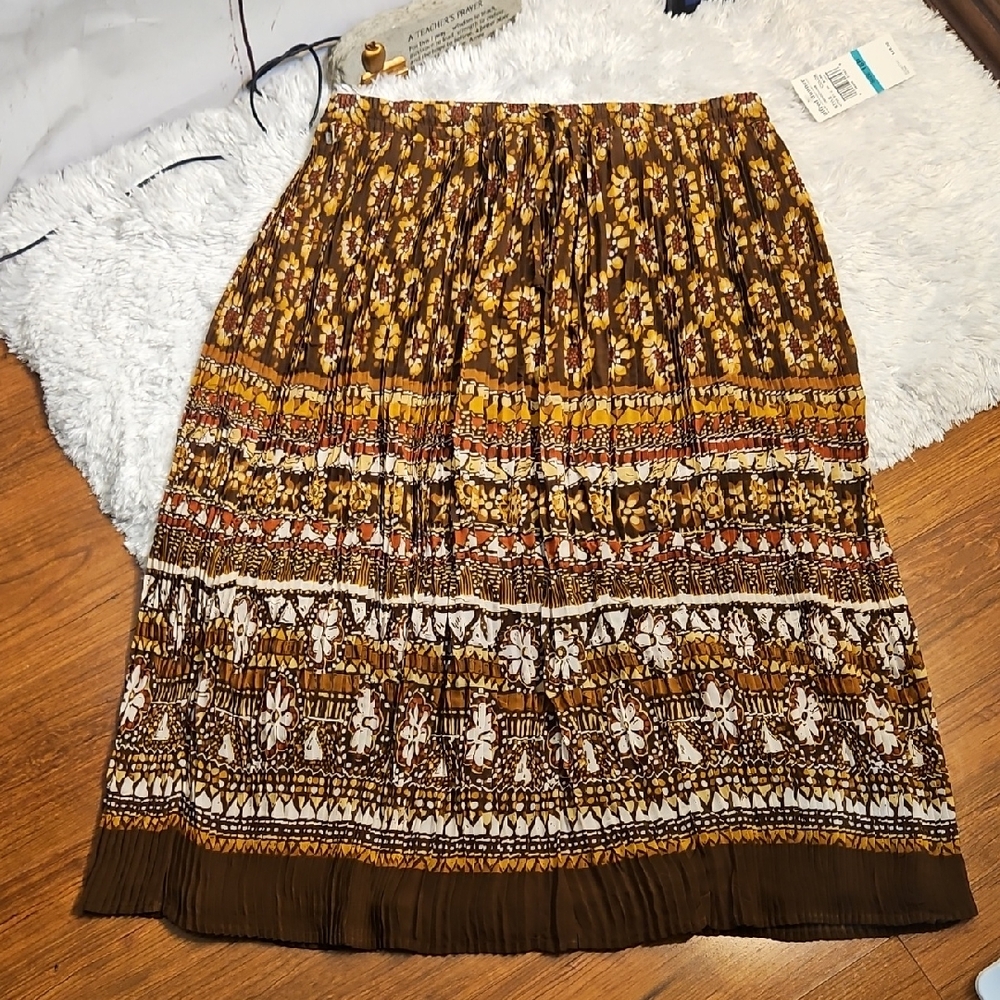 Alfred Dunner Pleated Midi Skirt Brown Floral Patterned Print Boho ,S 16P
